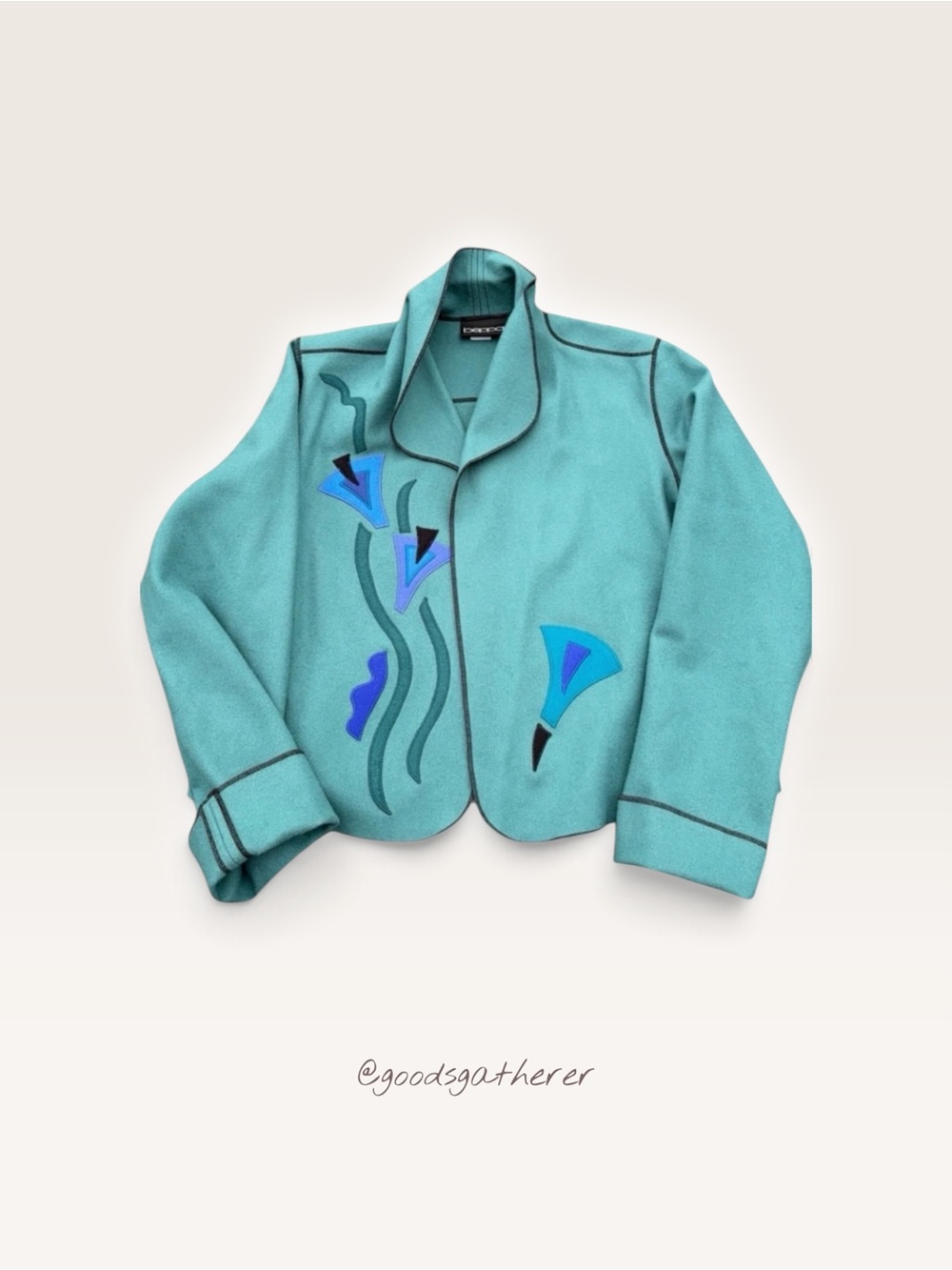 VINTAGE Beppa 100% Wool Jacket Womens XS Teal Abstract Appliqué Made in USA